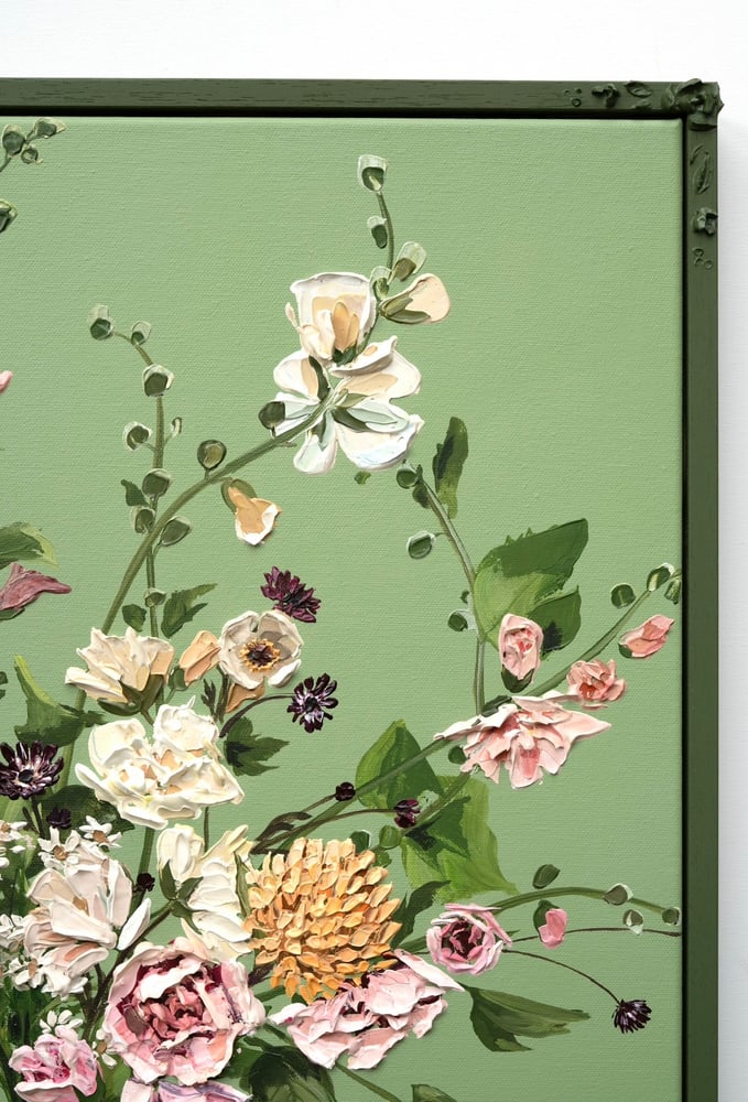 Image of Hollyhocks On Pea Green 