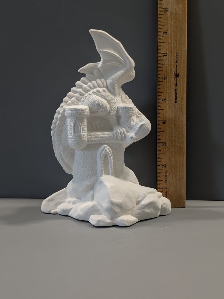 Image of Ceramic Bisque Dragon on Castle Ready to Paint 8" inches in Height