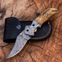 Image 2 of 9" Handmade Damascus Steel Folding Pocket Knife with Ram’s Horn Handle & Cowhide Leather Sheath