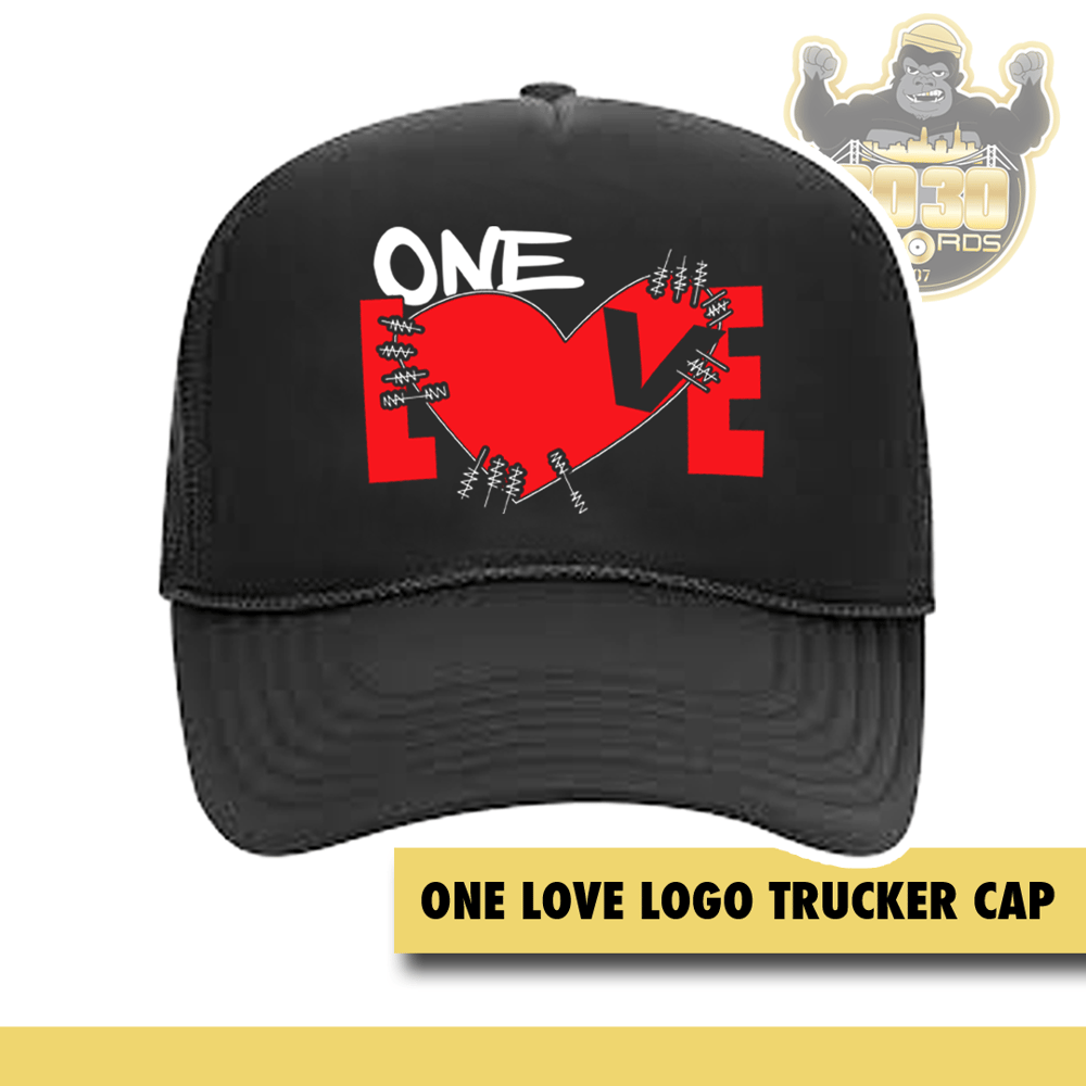 Image of ONE LOVE FOAM TRUCKER CAP  White & Red (embroidered)