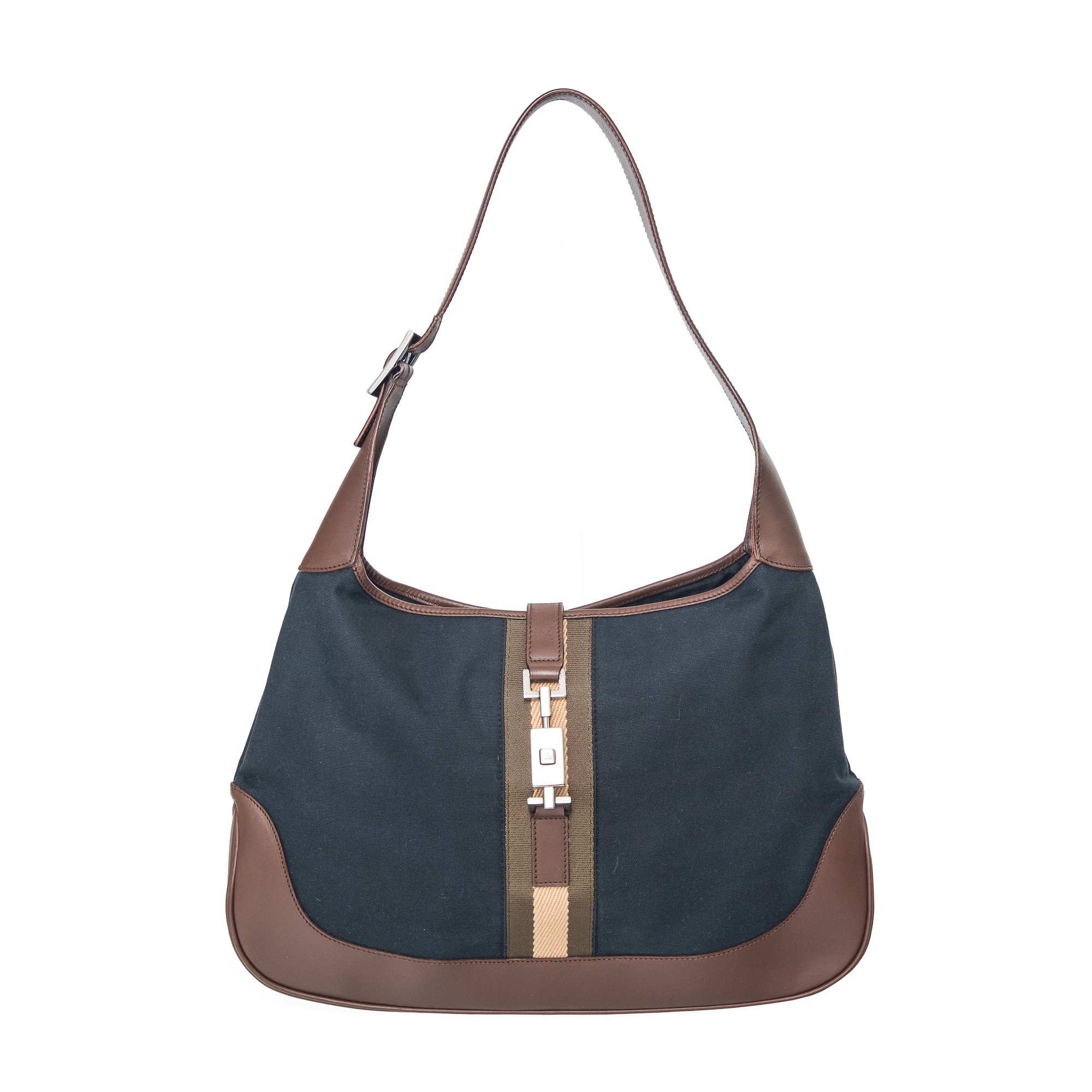 Image of Gucci Jackie Navy Canvas Brown Leather Shoulder Bag 