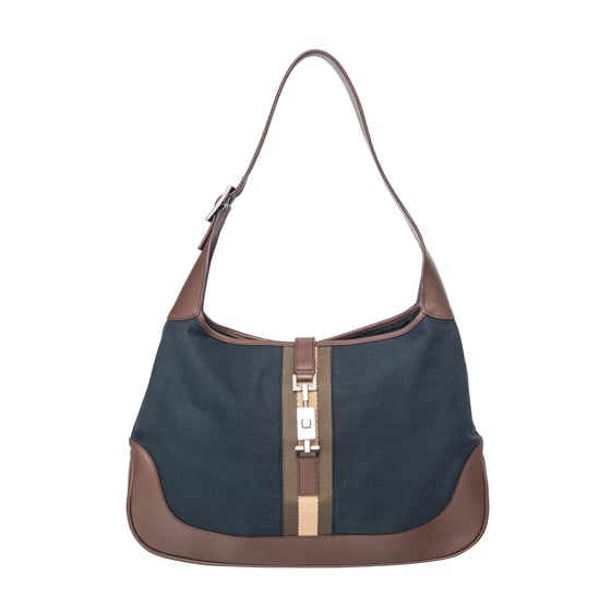 Image of Gucci Jackie Navy Canvas Brown Leather Shoulder Bag 