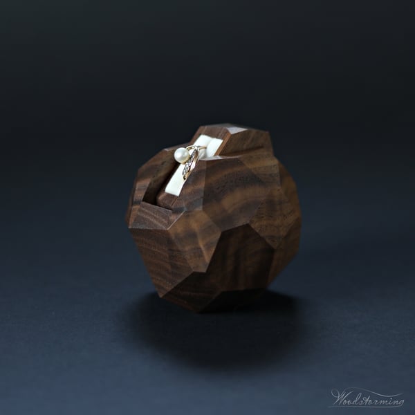 Image of Unique engagement ring box, wooden faceted sculptural ring display by Woodstorming