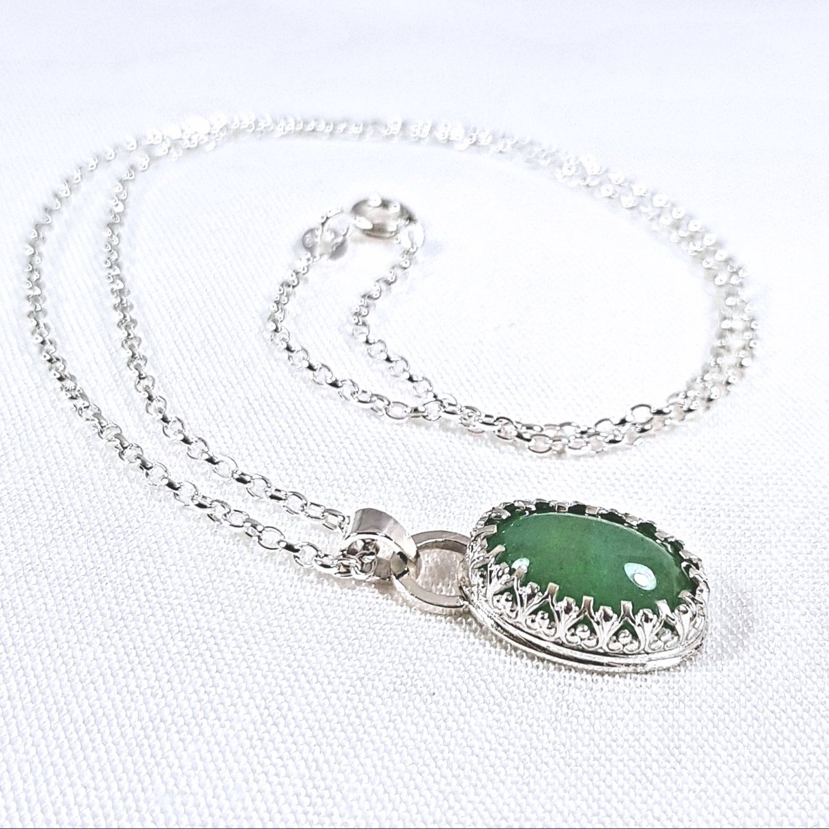 Image of Sterling Silver Aventurine Pendant, Green Gemstone Necklace,  Handmade Sustainable Jewellery UK