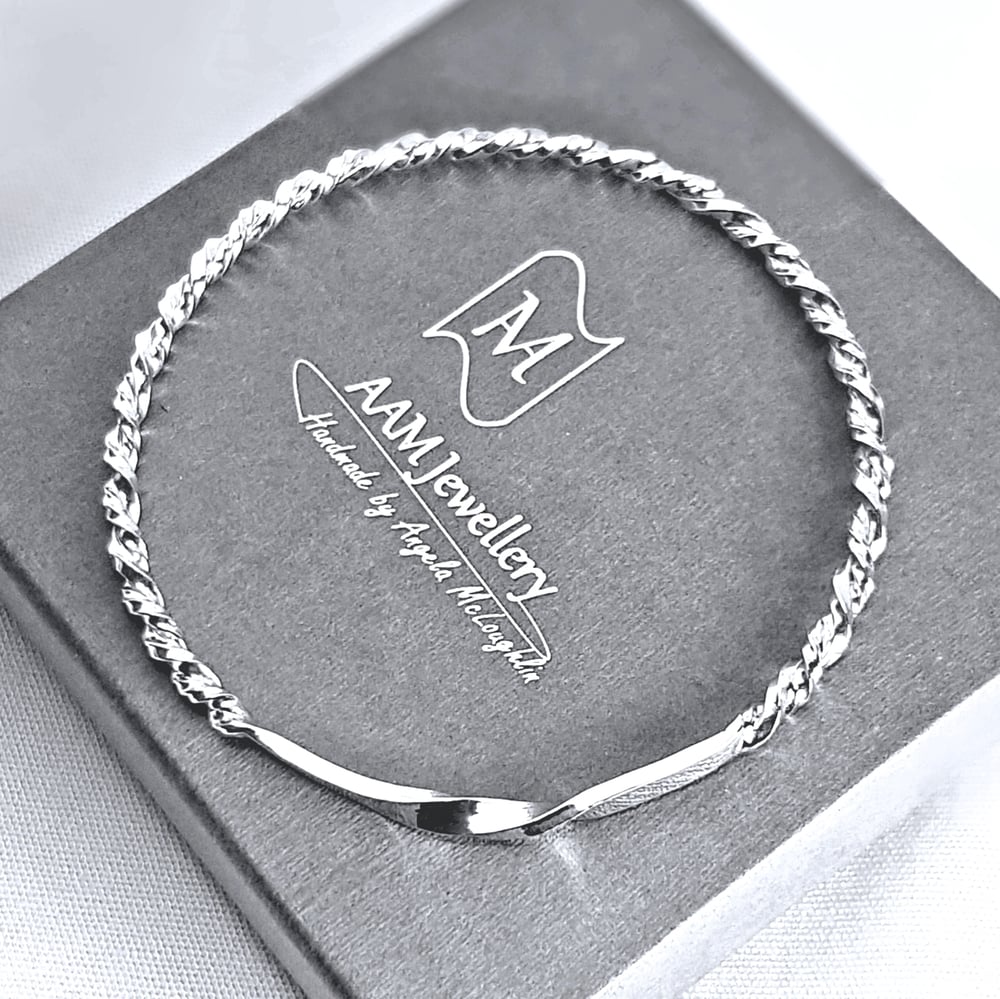 Image of Chunky Sterling Silver Bangle, Solid Silver Twisted Bangle, Sustainable Jewellery, UK Hallmark