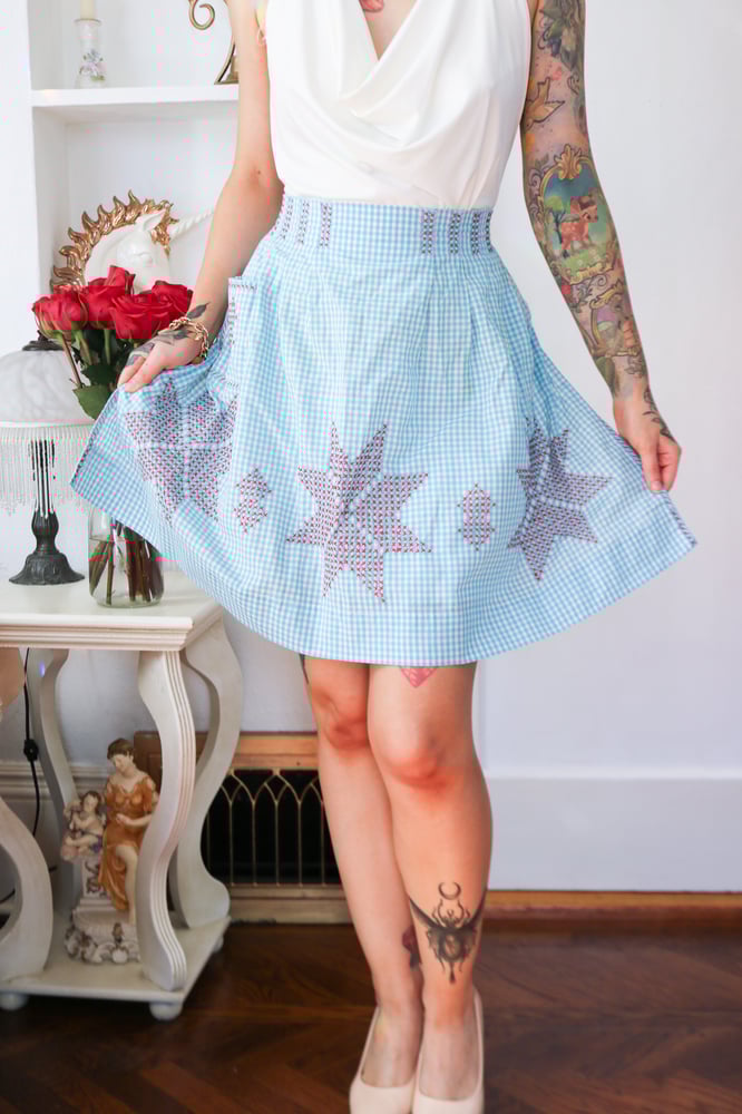 Image of Vintage Handmade Blue Gingham Apron with Red Embroidery  