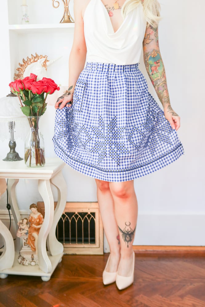 Image of Vintage Handmade Dark Blue Gingham Half Waist Apron 