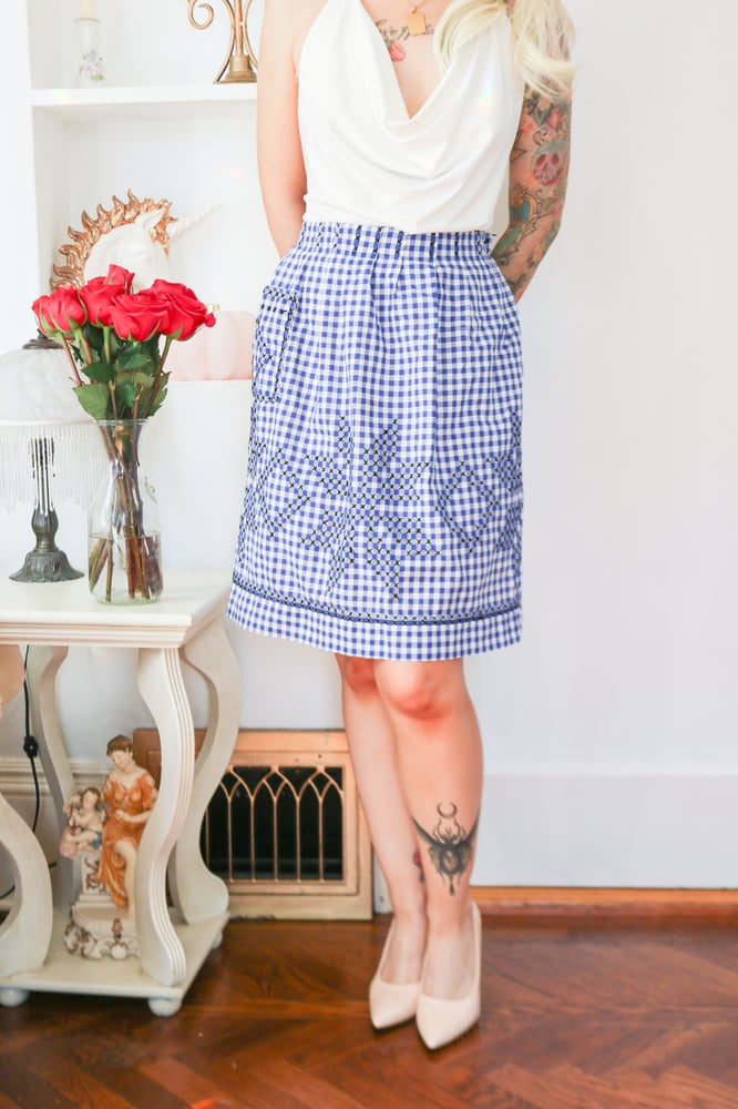 Image of Vintage Handmade Dark Blue Gingham Half Waist Apron 