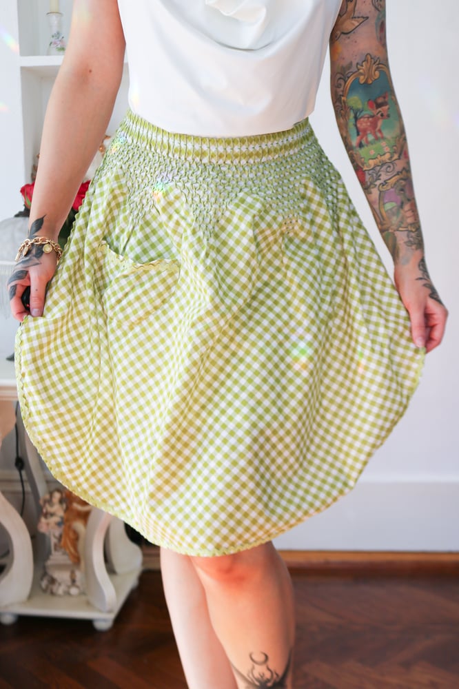 Image of Vintage Handmade Apple Green Gingham Half Waist Apron 