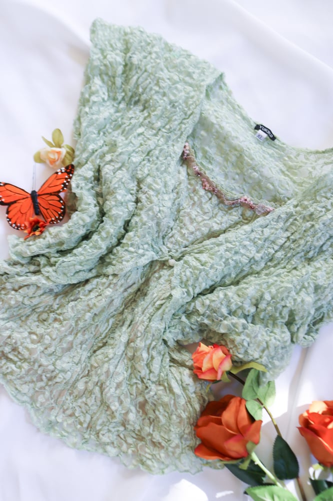 Image of Y2K Designer YUKIKO Fairycore Sage Lace Top and Overlay(XL)