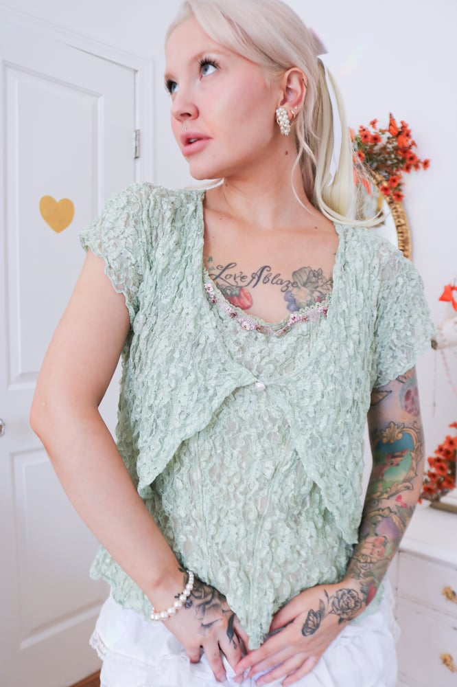 Image of Y2K Designer YUKIKO Fairycore Sage Lace Top and Overlay(XL)