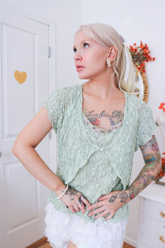 Image of Y2K Designer YUKIKO Fairycore Sage Lace Top and Overlay(XL)