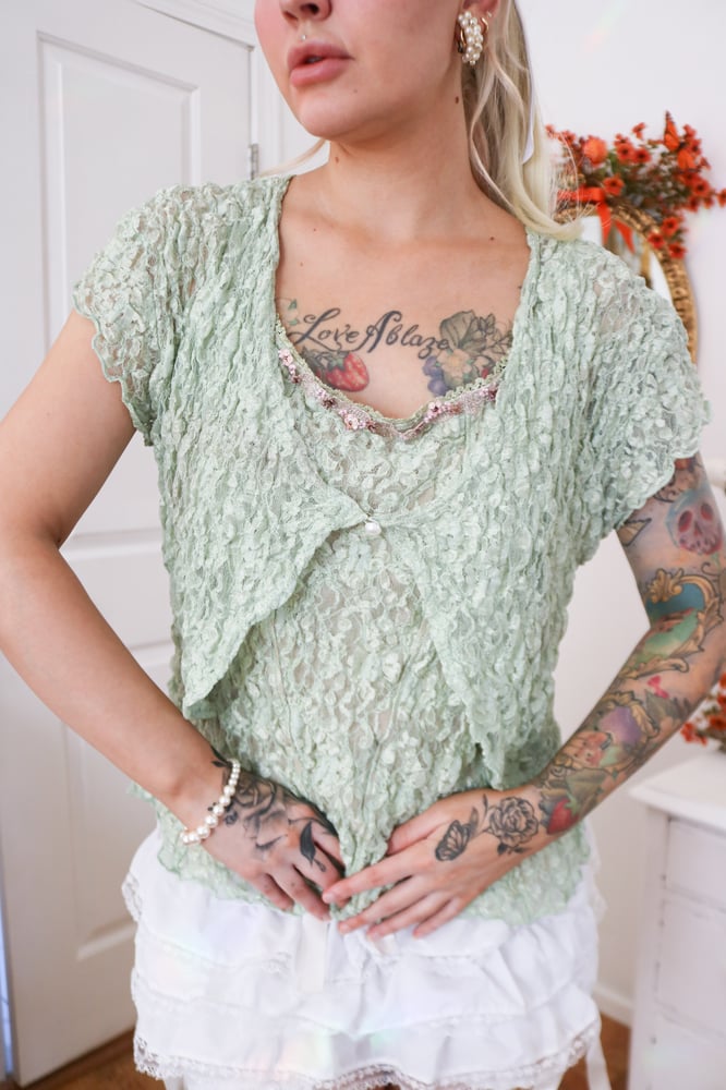 Image of Y2K Designer YUKIKO Fairycore Sage Lace Top and Overlay(XL)