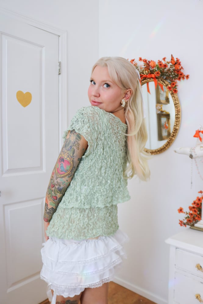 Image of Y2K Designer YUKIKO Fairycore Sage Lace Top and Overlay(XL)