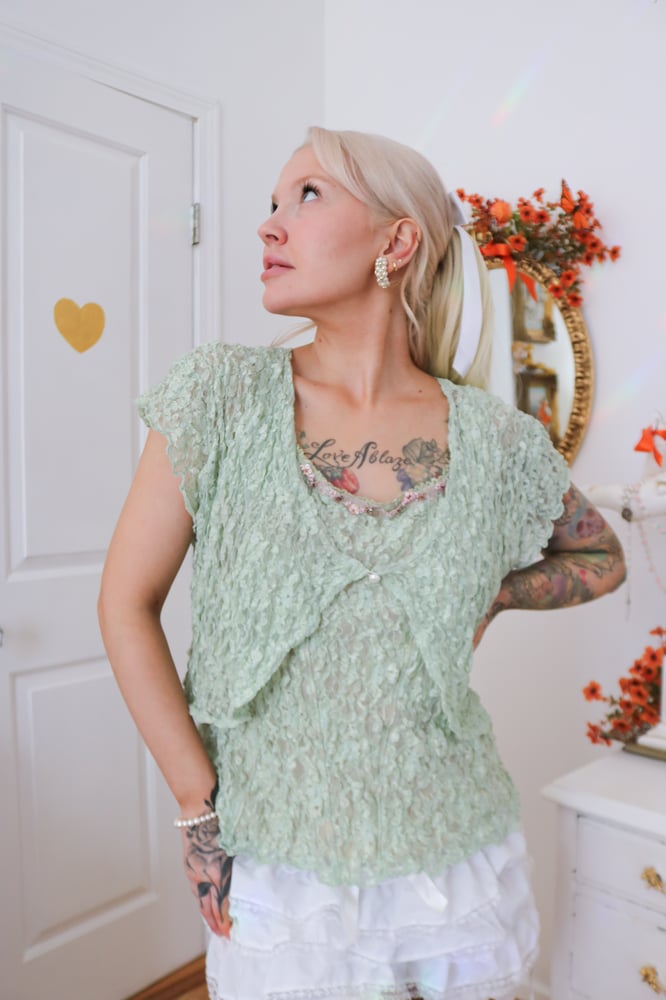 Image of Y2K Designer YUKIKO Fairycore Sage Lace Top and Overlay(XL)