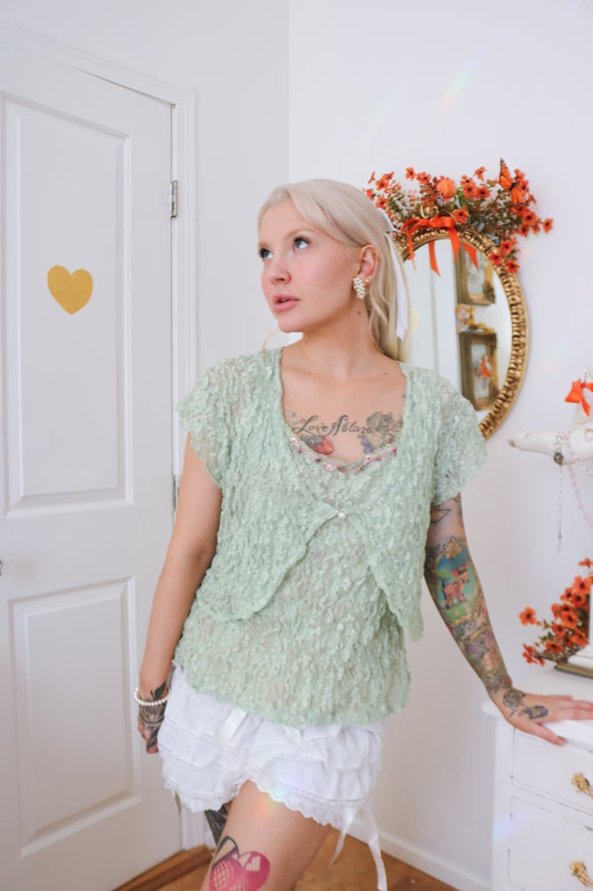 Image of Y2K Designer YUKIKO Fairycore Sage Lace Top and Overlay(XL)