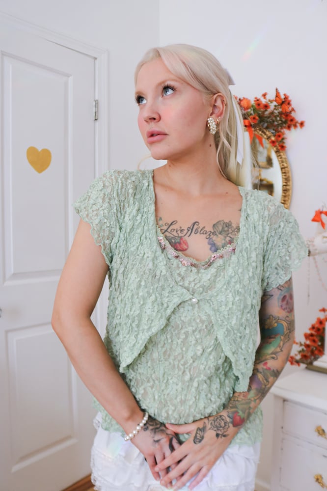 Image of Y2K Designer YUKIKO Fairycore Sage Lace Top and Overlay(XL)