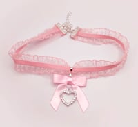 Image 3 of Pink Ruffled Lace Satin Bow Heart Choker