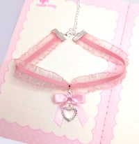 Image 4 of Pink Ruffled Lace Satin Bow Heart Choker