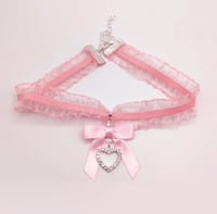 Image 2 of Pink Ruffled Lace Satin Bow Heart Choker