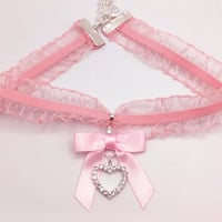 Image 1 of Pink Ruffled Lace Satin Bow Heart Choker