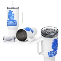 Plymouth Owners Club Stainless travel mug with handle.