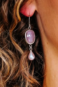 Pink semiprecious tourmaline gemstone and freshwater pearl earrings