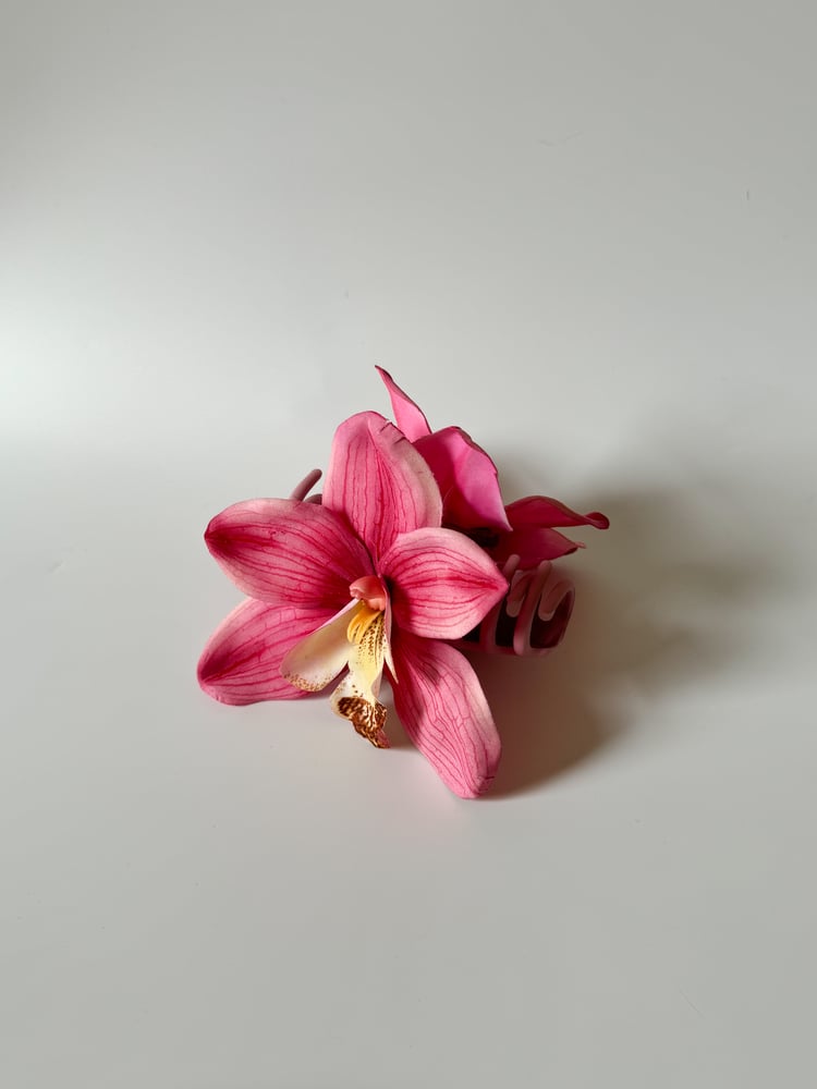 Image of single pink cymbidium orchid claw clip.