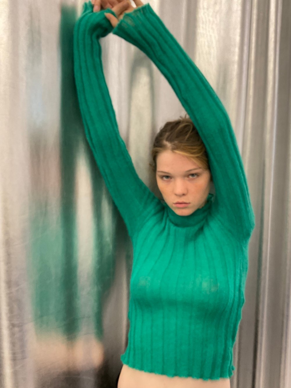 Long sleeve sweater with ribb knit green mohair 