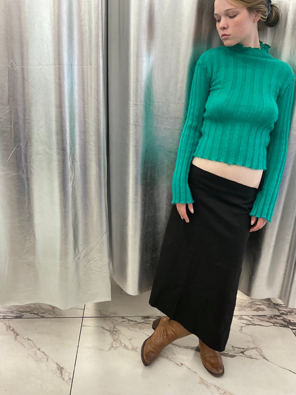 Long sleeve sweater with ribb knit green mohair 