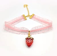 Image 4 of Pink & Red Strawberry Ruffled Lace Choker