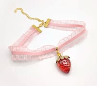 Image 3 of Pink & Red Strawberry Ruffled Lace Choker