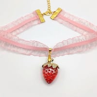 Image 1 of Pink & Red Strawberry Ruffled Lace Choker