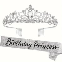 2 pcs Exquisite Princess Birthday Set - Sparkling Rhinestone Crown and Velvet Belt Kit