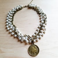 Pearl and Antique Gold Length Necklace with Coin
