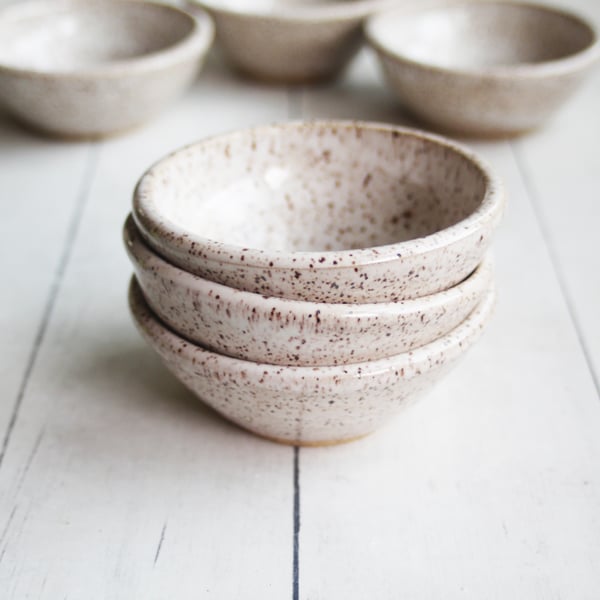 Image of Set of Three Rustic Prep Bowls in Heavily Speckled Brown Stoneware, Handmade Pottery Bowls USA