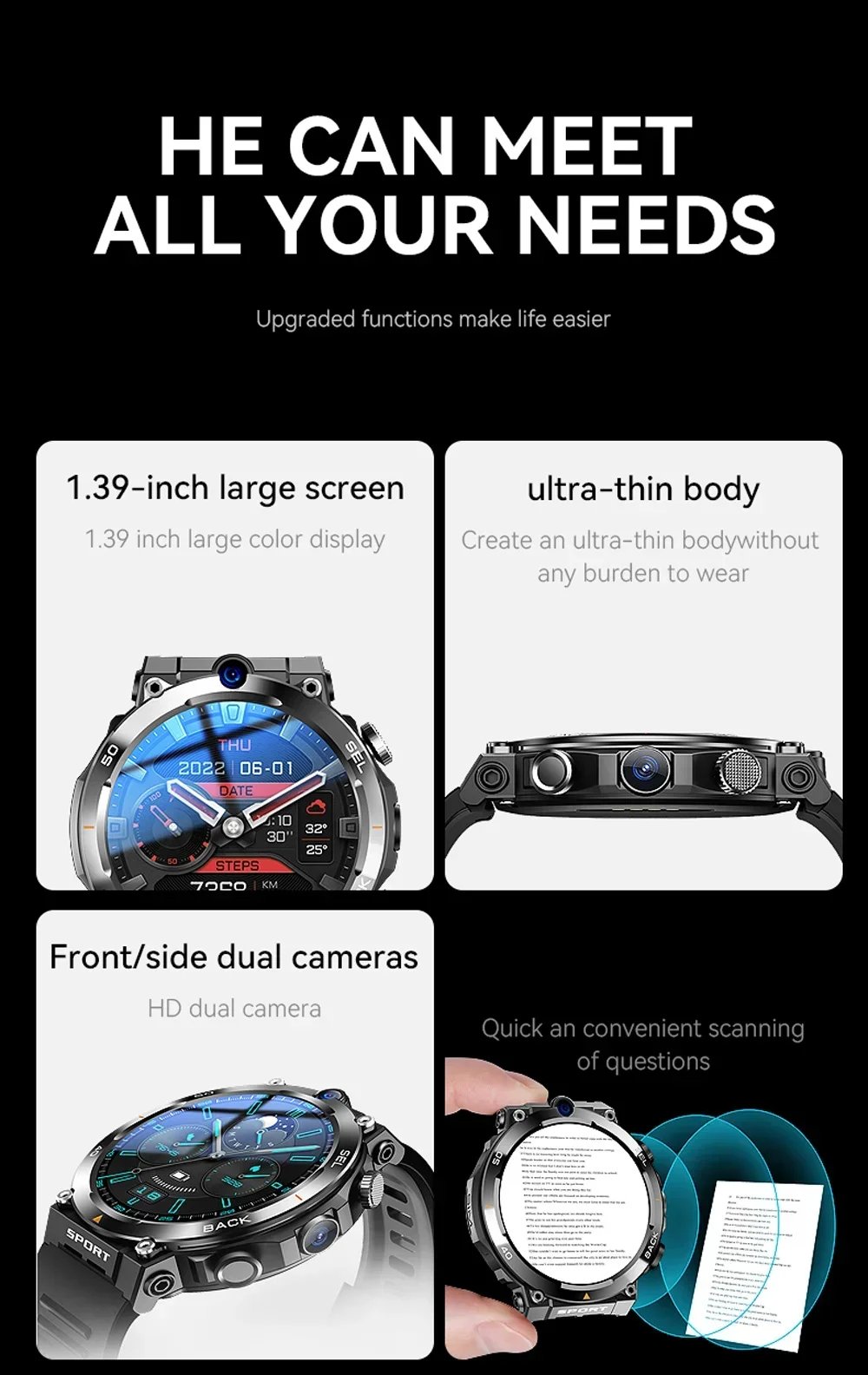 MSL 1.39-inch 4G Network Smart Watch - Dual Camera, GPS, NFC, Android, and Waterproof