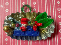 Vintage Tart Tin Christmas Ornament with Cute Santa Car