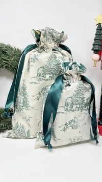 Image 2 of Le Pochon-Cadeau doublé coton toile de Jouy vert sapin