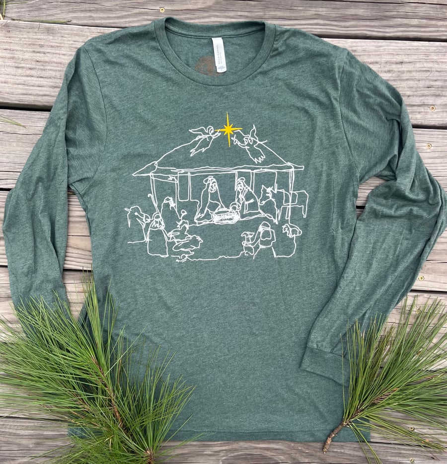 Image of Adult Nativity Long Sleeve Tee  in Forrest Green 