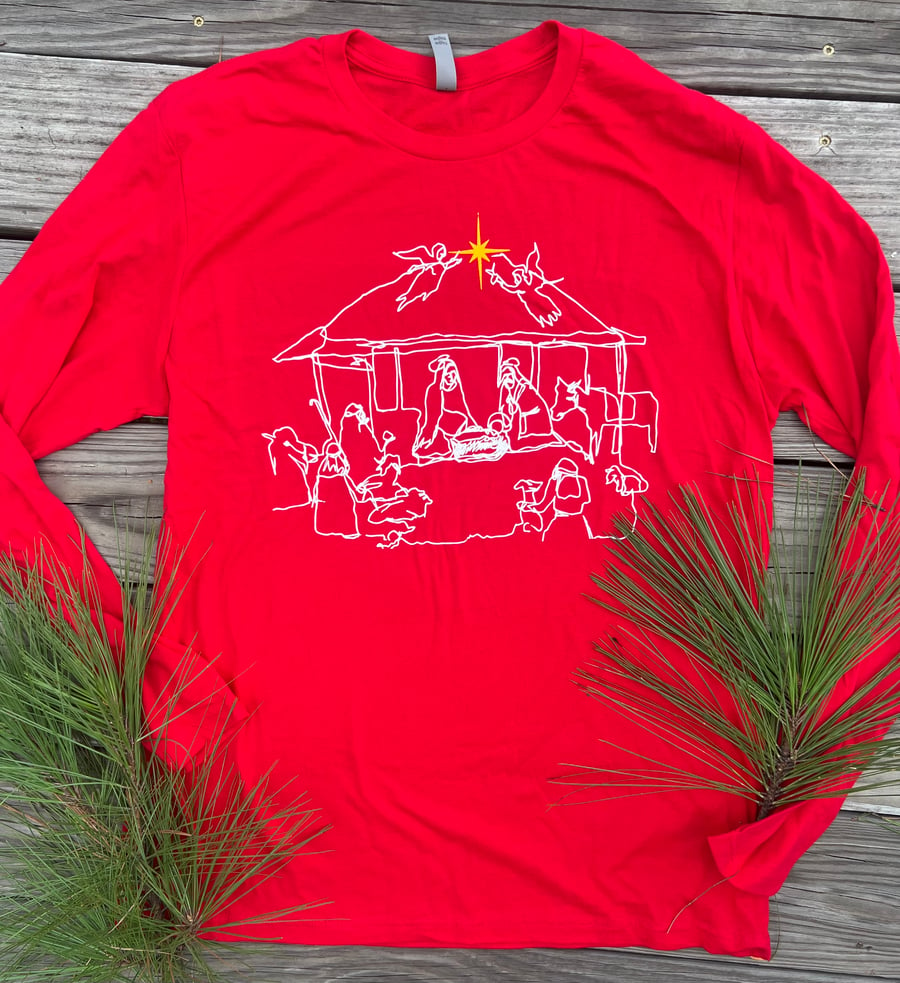 Image of Adult Nativity Long Sleeve Tee in Red 