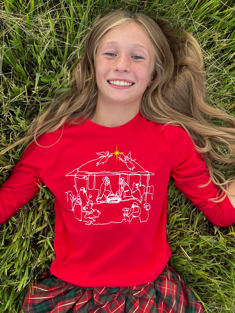 Image of Youth Nativity Long Sleeve Tee in Red 