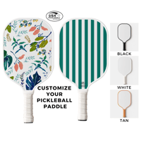 Image 1 of Custom Monogram Pickleball Paddle Cute Tropical Blue Green Palm & Floral and Stripes