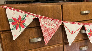 Image of Vintage Christmas Embroidered Tablecloth Bunting V