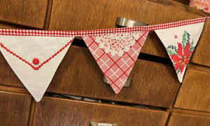 Image of Vintage Christmas Embroidered Tablecloth Bunting V