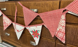 Image of Vintage Christmas Embroidered Tablecloth Bunting V