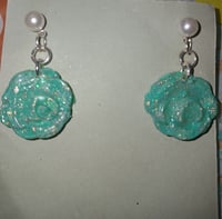 Teal colored rose earrings 