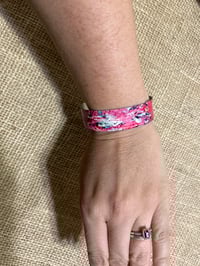 Image 5 of Bright pink, thin aluminium cuff bracelet.