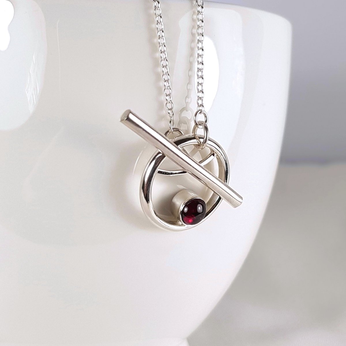 Image of Silver Toggle Necklace with Garnet, Handmade Solid Sterling Silver Garnet Necklace, T-Bar Clasp