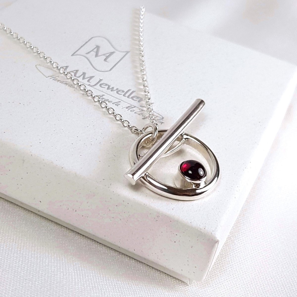 Image of Silver Toggle Necklace with Garnet, Handmade Solid Sterling Silver Garnet Necklace, T-Bar Clasp